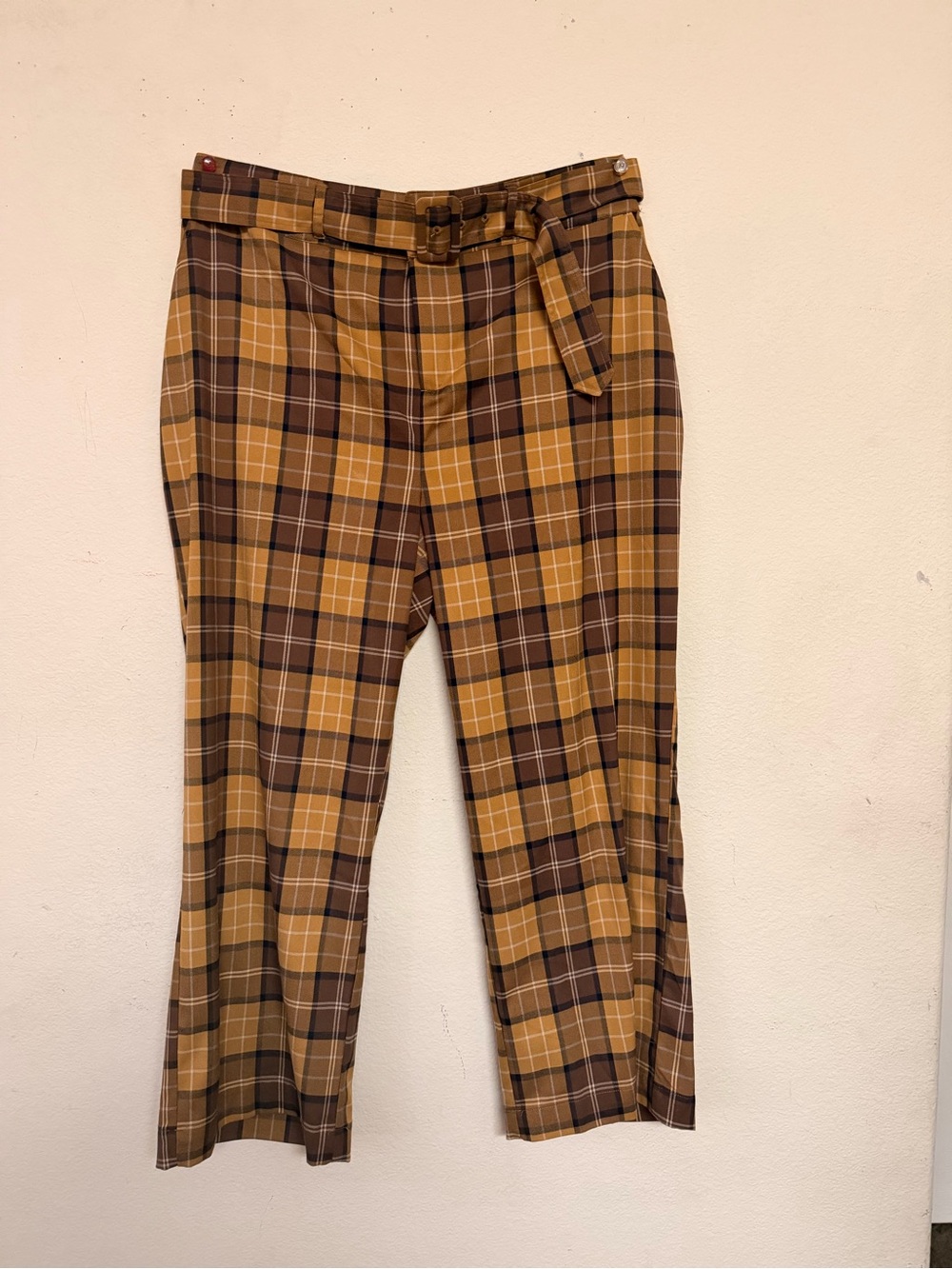 Parker Plaid Belted Chinos in Mustard and Brown